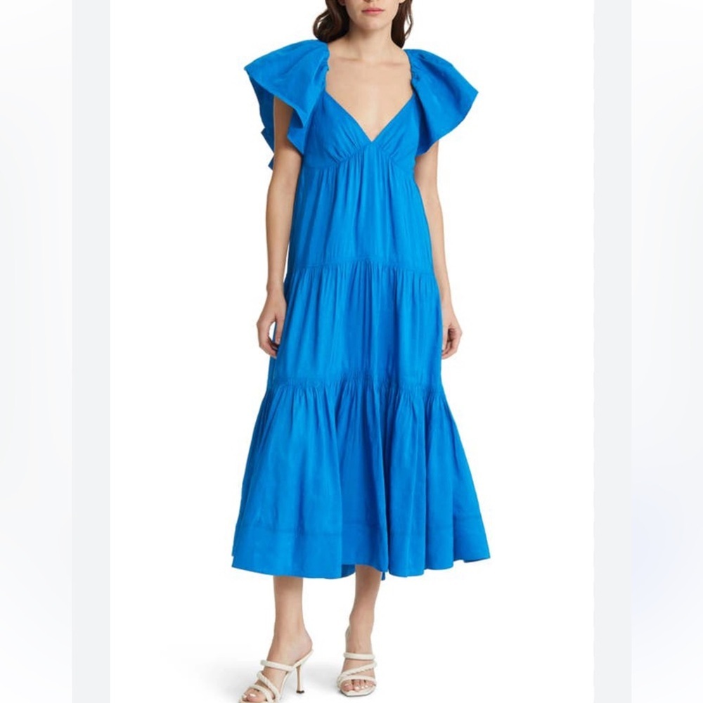 La Ligne Ruffle Shoulder Open Back Linen Blend Midi Dress